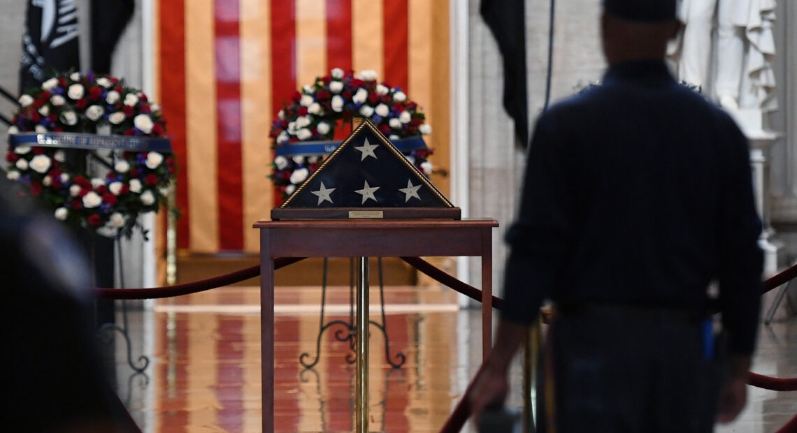 A view inside the Rotunda which will hold Capitol Police officer Brian Sicknick's remains while he lays in honor after he died during the January 6, 2021 attack on the Capitol Building by a pro-Trump mob. CREDIT: Olivier Douliery/AFP via Getty Images