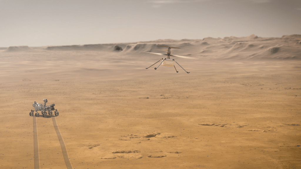 NASA's Perseverance rover and its experimental aerial drone, the Ingenuity Mars Helicopter, are shown in an artist's rendering. NASA/JPL-Caltech