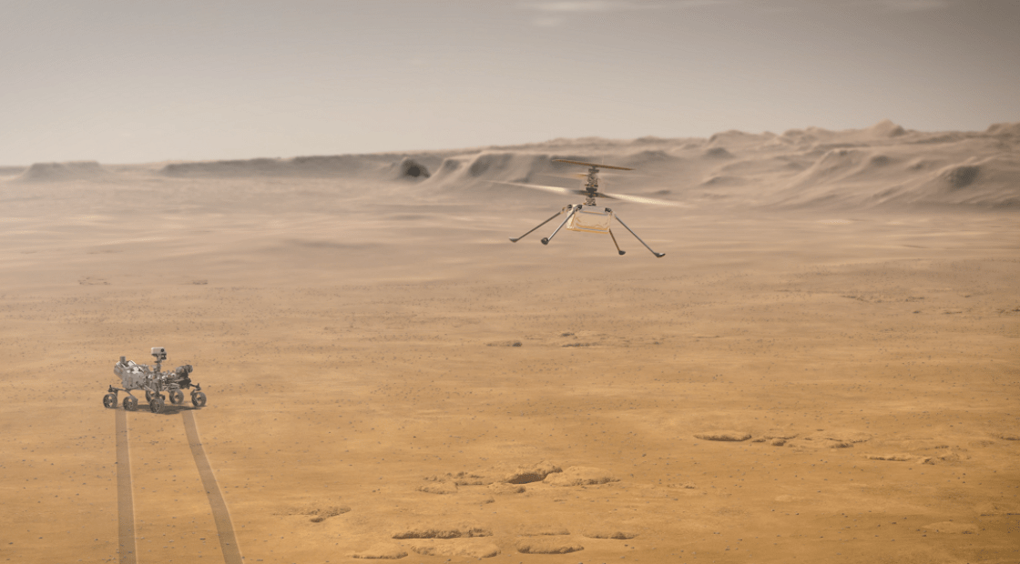 NASA's Perseverance rover and its experimental aerial drone, the Ingenuity Mars Helicopter, are shown in an artist's rendering. NASA/JPL-Caltech