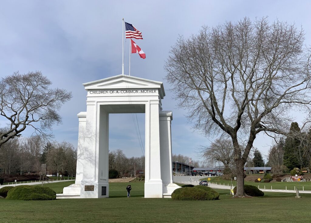 The Peace Arch will celebrate its centennial later this year, but the monument is not why people are flocking to the surrounding park this winter. CREDIT: Tom Banse/N3