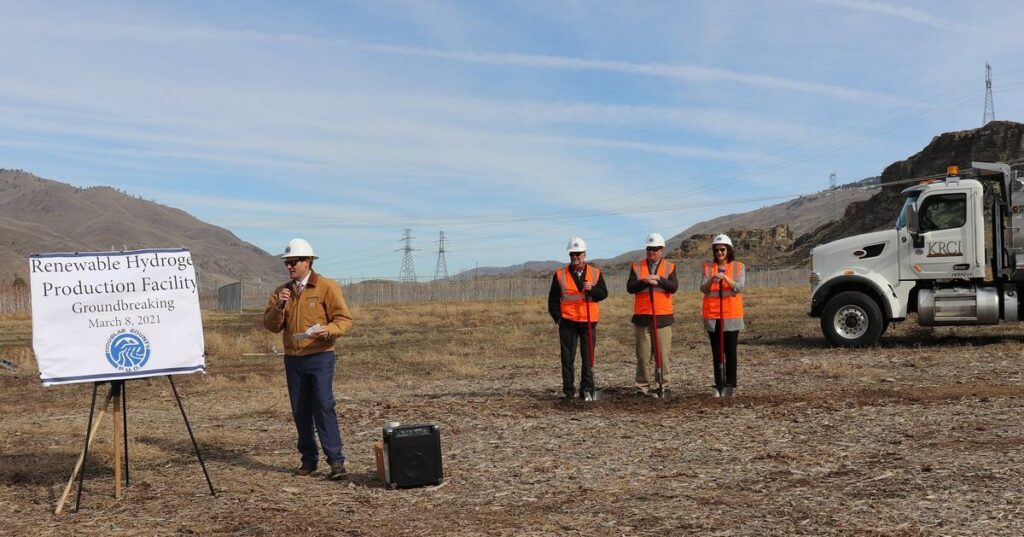 Douglas County PUD general manager Gary Ivory, left, speaks at a groundbreaking ceremony Monday, March 7, 2021 while the utility commissioners standby to turn the first shovels of dirt on a hydrogen fuel production facility. Courtesy of Douglas County PUD
