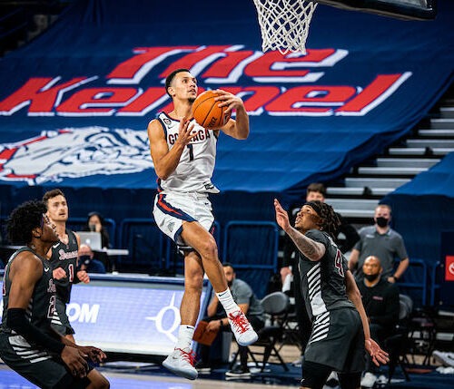 Gonzaga point guard Jalen Suggs in a game 2021 game against Santa Clara University. CREDIT Chiana McInelly/Courtesy of Gonzaga University