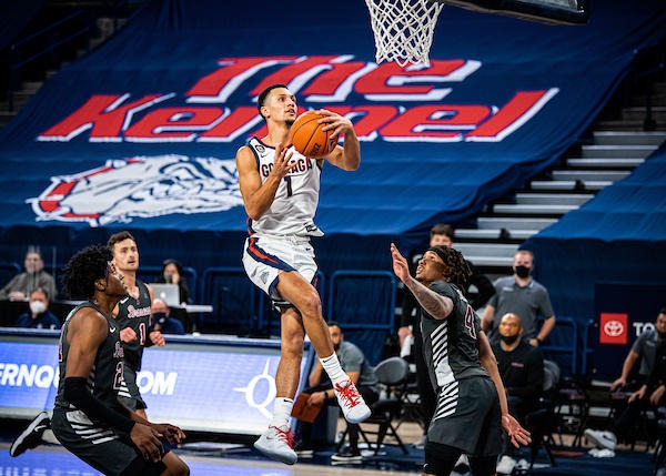 Gonzaga point guard Jalen Suggs in a game 2021 game against Santa Clara University. CREDIT Chiana McInelly/Courtesy of Gonzaga University