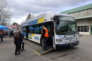 A hydrogen fuel cell electric bus on loan from SunLine Transit in Palm Springs was displayed at the Intercity Transit bus barn in Olympia on March 25, 2021. CREDIT: Tom Banse/N3