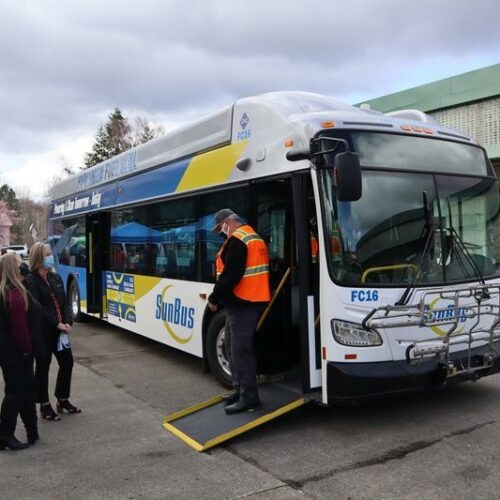 A hydrogen fuel cell electric bus on loan from SunLine Transit in Palm Springs was displayed at the Intercity Transit bus barn in Olympia on March 25, 2021. CREDIT: Tom Banse/N3