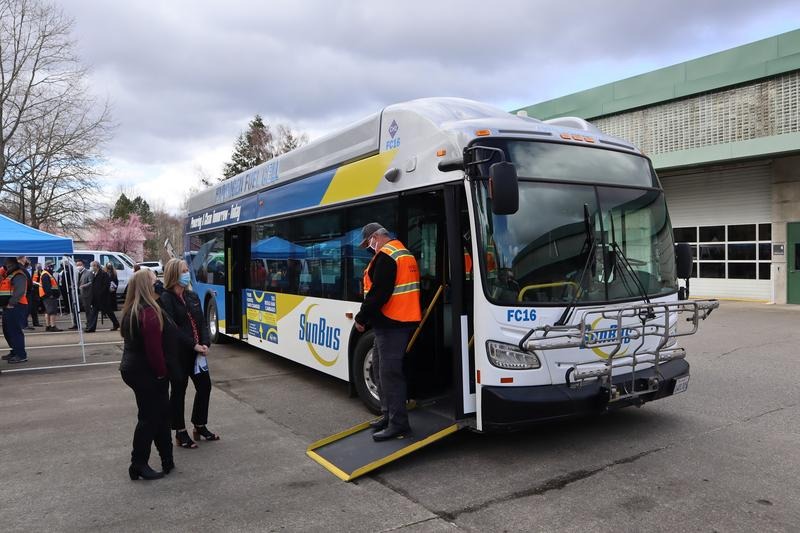 A hydrogen fuel cell electric bus on loan from SunLine Transit in Palm Springs was displayed at the Intercity Transit bus barn in Olympia on March 25, 2021. CREDIT: Tom Banse/N3