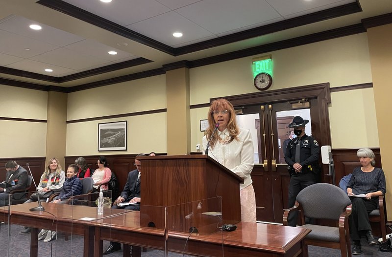 Republican state Rep. Karey Hanks addresses the House State Affairs Committee, Monday, March 15, 2021, in the Statehouse in Boise, Idaho. The committee approved legislation to prohibit mask mandates by government entities in Idaho. CREDIT: Keith Ridler/AP