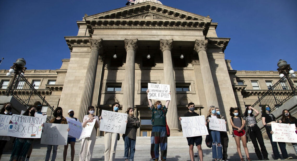 Student demonstrators stand on the steps of the Idaho Statehouse on Friday, March 5, 2021 in protest of Rep. Barbara Ehardt’s sex ed opt-in bill.