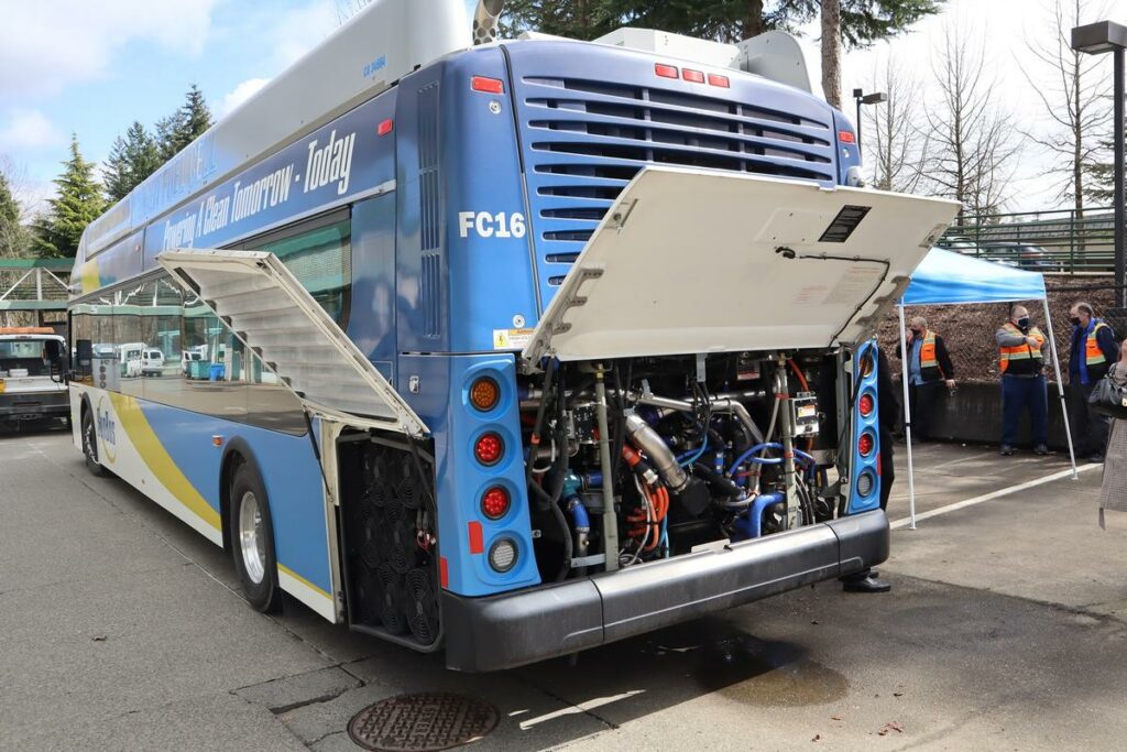 Bus manufacturer New Flyer and fuel cell maker Ballard Power Systems of Vancouver, Canada, showed off the compressed hydrogen-powered bus to Washington and Oregon transit agencies. CREDIT: Tom Banse/N3