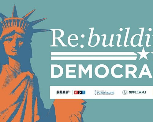 Rebuilding Democracy logo image with statue of liberty