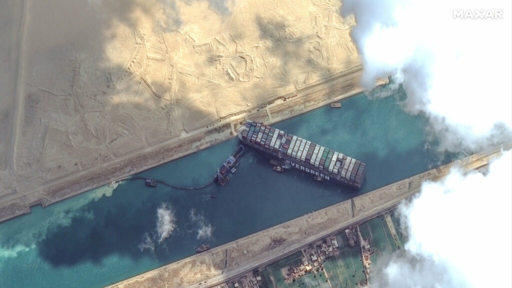 High-resolution satellite imagery shows the Suez Canal and the container ship Ever Given that remains stuck north of the city of Suez, Egypt. CREDIT: ScapeWare3d/DigitalGlobe/Getty Images