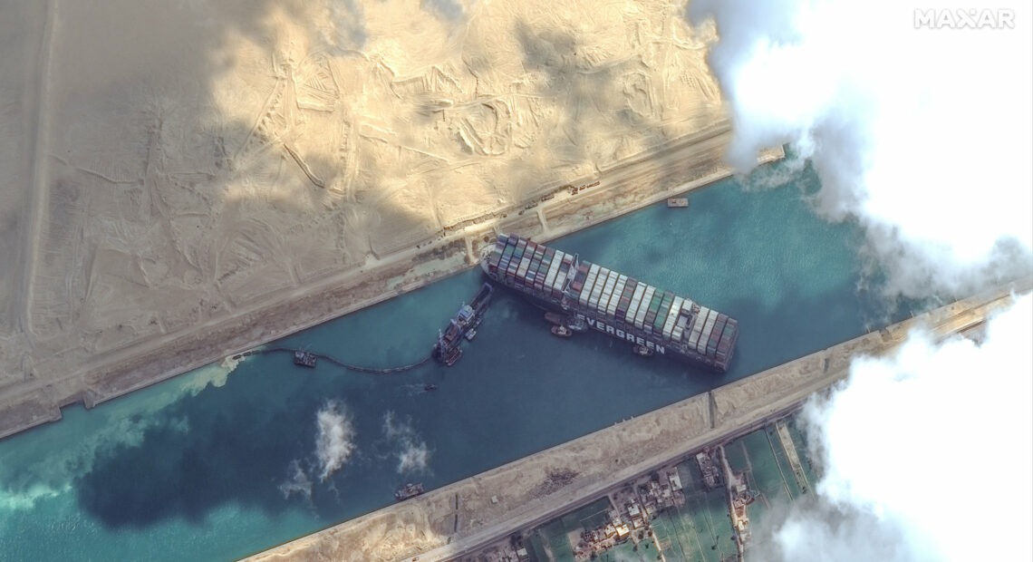 High-resolution satellite imagery shows the Suez Canal and the container ship Ever Given that remains stuck north of the city of Suez, Egypt. CREDIT: ScapeWare3d/DigitalGlobe/Getty Images