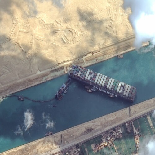 High-resolution satellite imagery shows the Suez Canal and the container ship Ever Given that remains stuck north of the city of Suez, Egypt. CREDIT: ScapeWare3d/DigitalGlobe/Getty Images