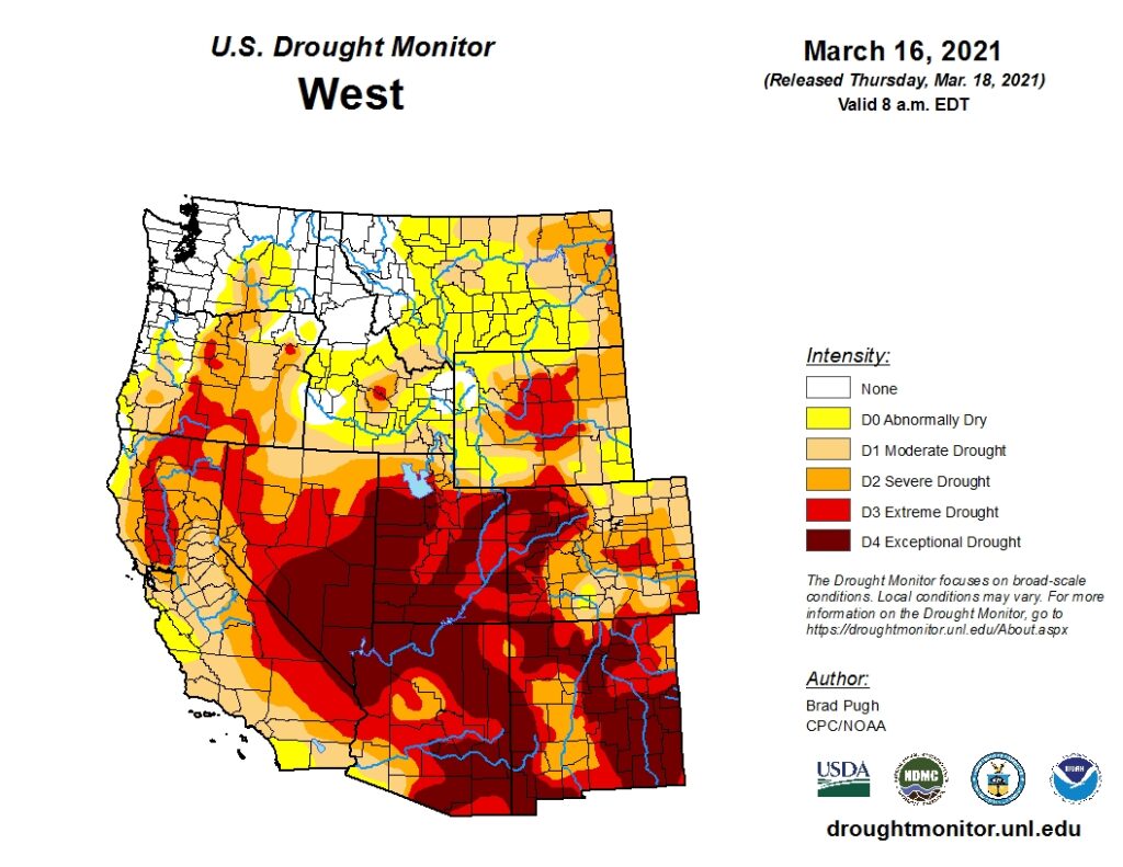 U.S. Drought Monitor map of the U.S. West showing drought conditions for much of the southwest, with the best conditions in the Northwest