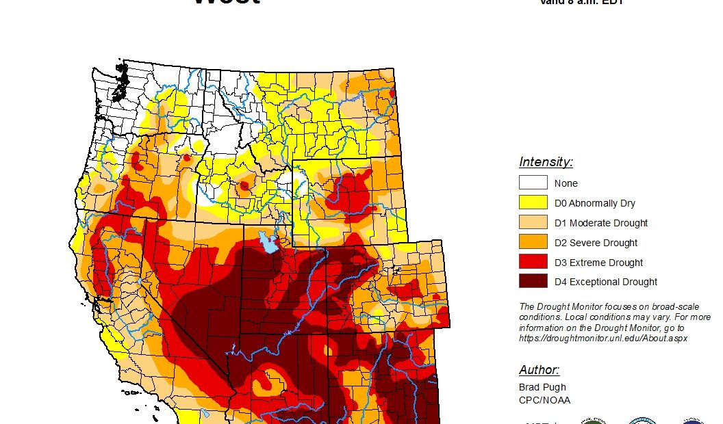 U.S. Drought Monitor map of the U.S. West showing drought conditions for much of the southwest, with the best conditions in the Northwest