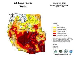 U.S. Drought Monitor map of the U.S. West showing drought conditions for much of the southwest, with the best conditions in the Northwest