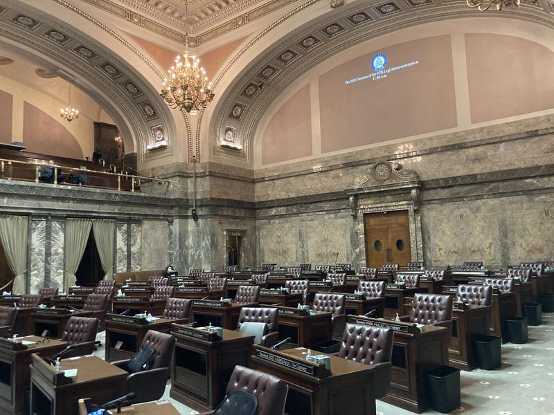 The Washington Senate chamber sits empty before the start of the legislative session on January 11, 2021. CREDIT: Austin Jenkins/N3