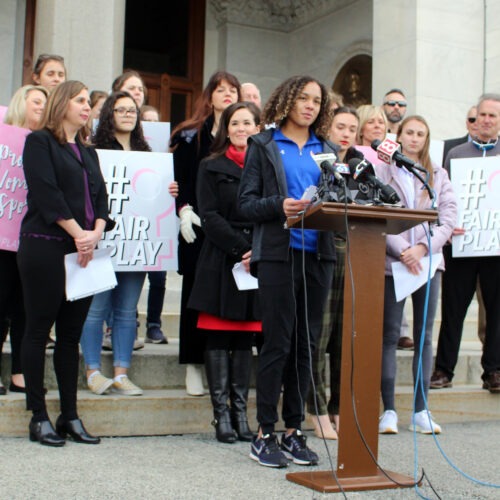 Danbury High School sophomore Alanna Smith at the Connecticut State Capitol on Feb, 12, 2020. Smith is among three girls who sued to block a state policy that allows transgender athletes to compete in girls sports. CREDIT: Pat Eaton-Robb/AP