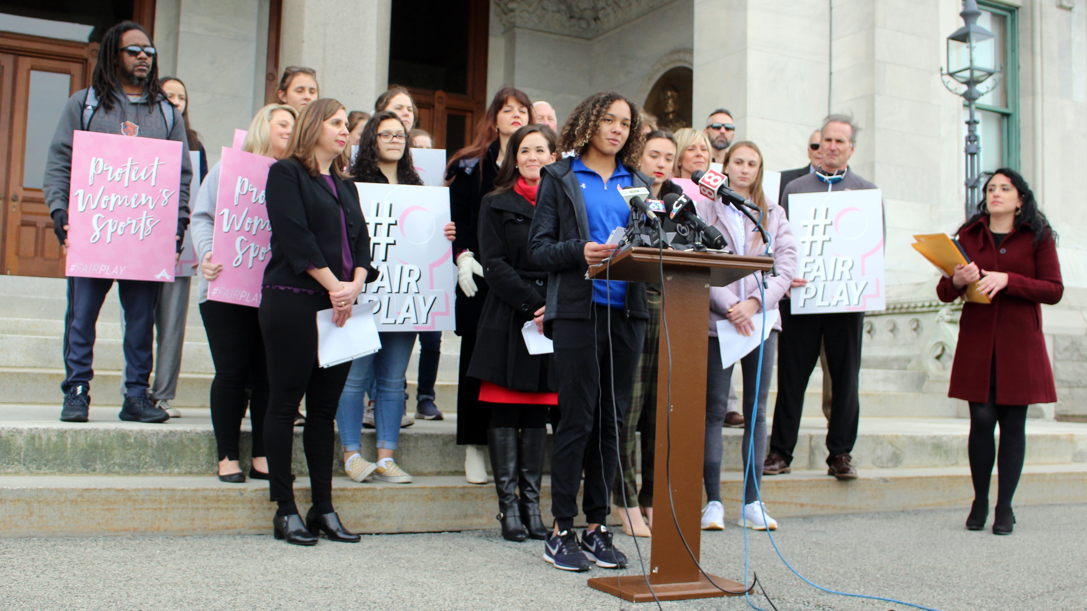 Danbury High School sophomore Alanna Smith at the Connecticut State Capitol on Feb, 12, 2020. Smith is among three girls who sued to block a state policy that allows transgender athletes to compete in girls sports. CREDIT: Pat Eaton-Robb/AP