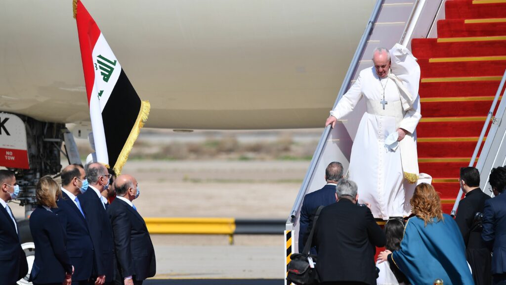 Pope Francis arrives at Baghdad International Airport on Friday for the first-ever papal visit to Iraq. CREDIT: Vincenzo Pinto/AFP via Getty Images