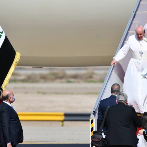 Pope Francis arrives at Baghdad International Airport on Friday for the first-ever papal visit to Iraq. CREDIT: Vincenzo Pinto/AFP via Getty Images