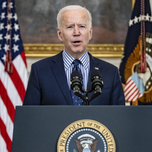 President Joe Biden speaks from the State Dining Room following the passage of the American Rescue Plan in the U.S. Senate at the White House on March 6, 2021. CREDIT: Samuel Corum/Getty Images