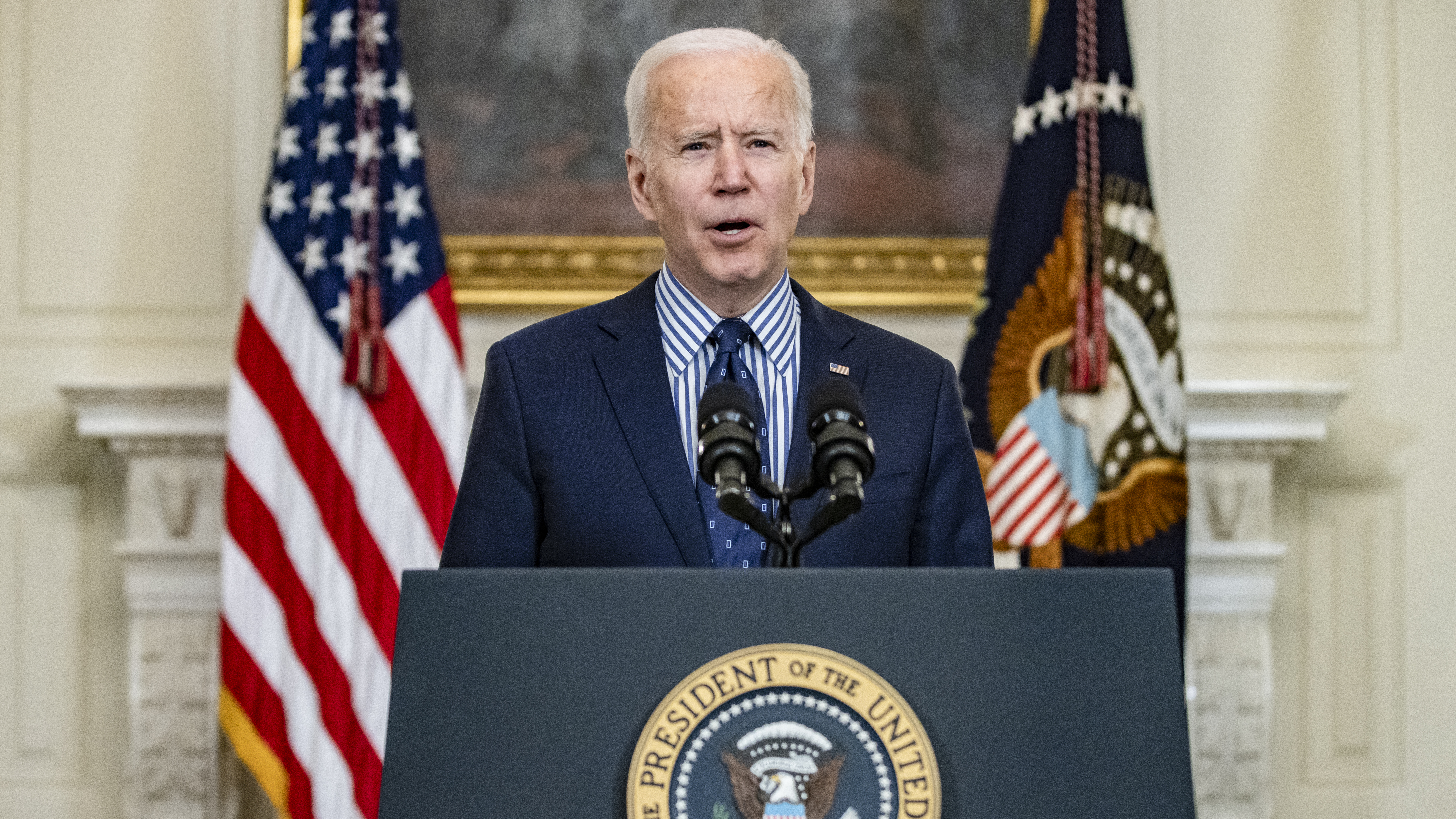 President Joe Biden speaks from the State Dining Room following the passage of the American Rescue Plan in the U.S. Senate at the White House on March 6, 2021. CREDIT: Samuel Corum/Getty Images