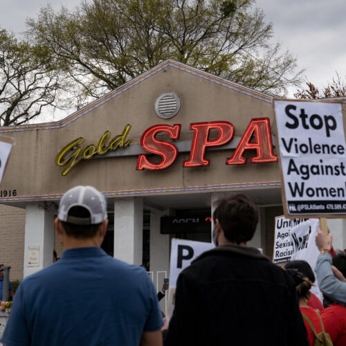 Activists demonstrate outside Gold Spa in Atlanta where a mass shooter killed three women on Tuesday night in a rampage that left eight people dead, including six Asian women. CREDIT: Megan Varner/Getty Images