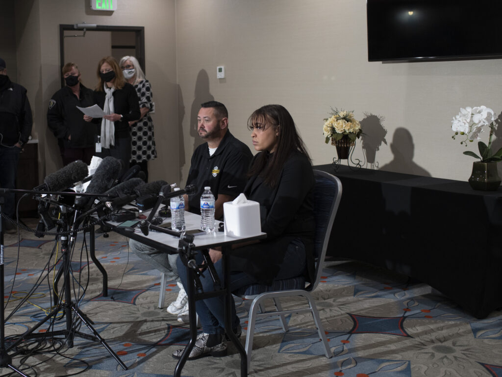 Robert Olds, uncle to Rikki Olds, and Carlee Lough, co-worker and friend to Rikki, sit in front of the media during a press conference in Boulder earlier this week. Rikki Olds was one of 10 killed during the shooting at King Soopers on Monday. CREDIT: The Washington Post/The Washington Post via Getty Im