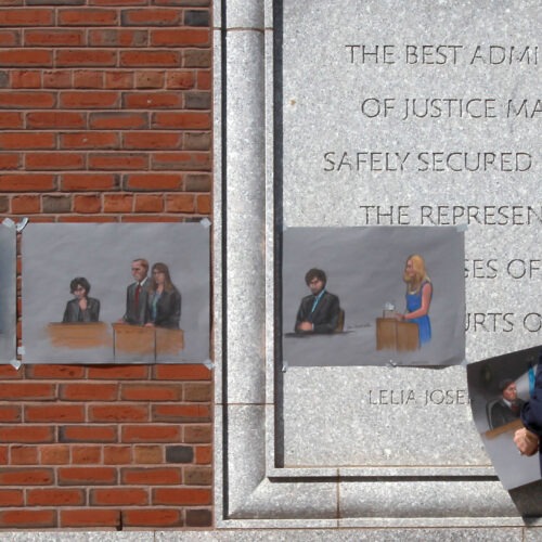 The U.S. Supreme Court will review a lower court's decision from last summer that vacated the six death sentences imposed on Boston Marathon bomber Dzhokhar Tsarnaev. Here, artist Jane Flavell Collins pulls down her courtroom sketches outside the Moakley U.S. Courthouse in Boston after Tsarnaev was sentenced. John Blanding/Boston Globe via Getty Images