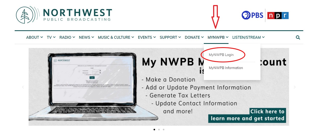 Screenshot highlighting "Member Account Log In" Under "MyNWPB" in the main menu