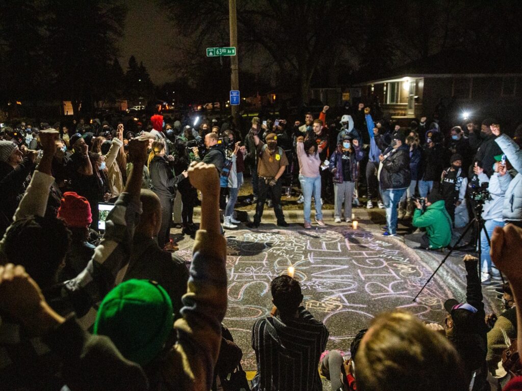 Protests lasted for hours in Brooklyn Center, Minn., where 20-year-old Black man Daunte Wright died after being shot by police Sunday. CREDIT: Evan Frost/MPR News