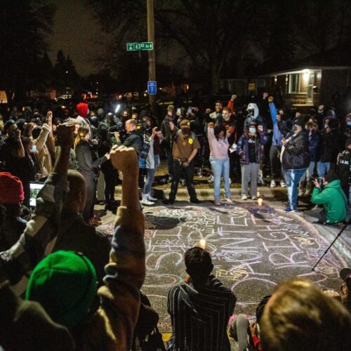 Protests lasted for hours in Brooklyn Center, Minn., where 20-year-old Black man Daunte Wright died after being shot by police Sunday. CREDIT: Evan Frost/MPR News