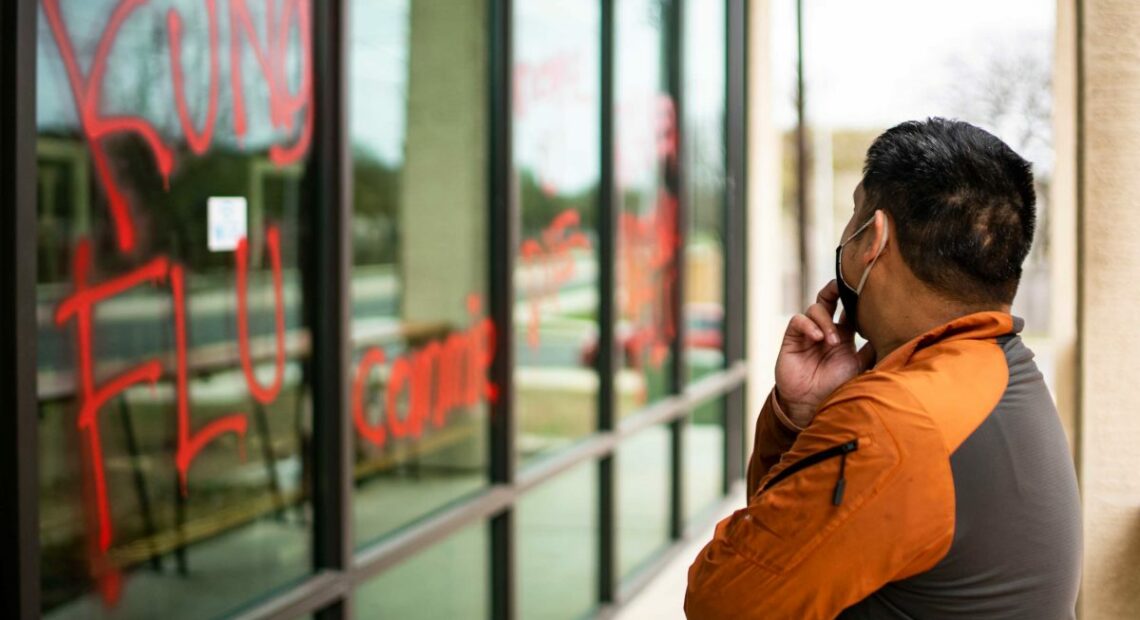 An Asian American-owned ramen restaurant in San Antonio, Texas, pictured vandalized in March. Courtesy Tyler Price/214 Digital