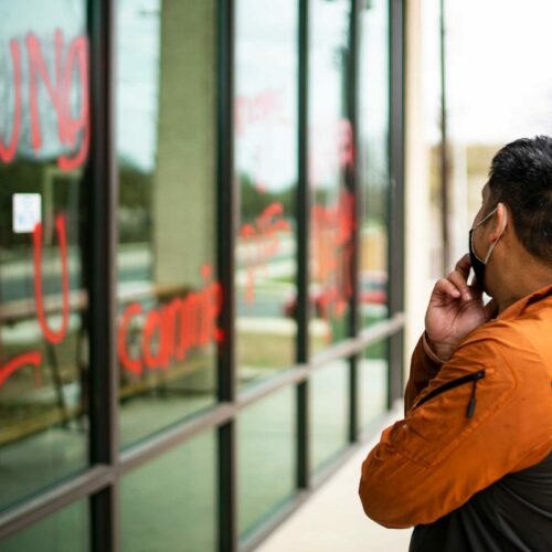 An Asian American-owned ramen restaurant in San Antonio, Texas, pictured vandalized in March. Courtesy Tyler Price/214 Digital