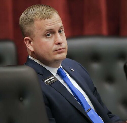 State Rep. Aaron von Ehlinger, R-Lewiston, listens as an alleged victim, identified as Jane Doe, offers testimony during a hearing before the Idaho Ethics and House Policy Committee on April 28, 2021. Von Ehlinger was before the committee to face sexual misconduct allegations with a 19-year-old volunteer staff member during the current legislative session. CRDIT: Darin Oswald/Idaho Statesman via AP