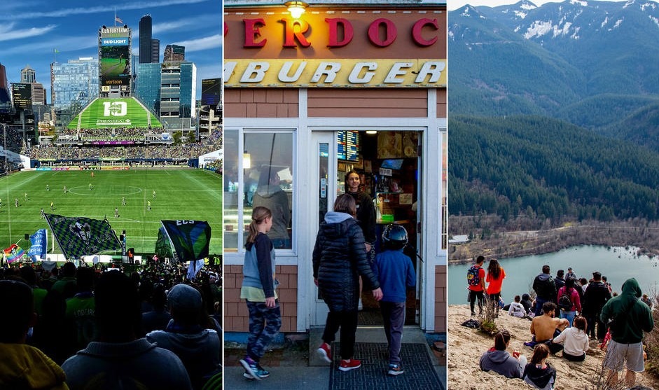 From left: Seattle Sounders during a match on Oct. 6, 2019. (CREDIT: Dorothy Edwards/Crosscut), People walk into Pepperdock Restaurant by Seattle’s Alki Beach on March 20, 2020. (CREDIT: Jen Dev/Crosscut), Rattlesnake Ledge in North Bend is busy with hikers on March 22, 2020. (CREDIT: Jen Dev/Crosscut)