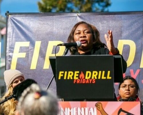 Environmental justice activist and 2020 MacArthur Fellow Catherine Coleman Flowers speaks at a "Fire Drill Fridays" event, part of a movement that seeks to draw attention to the global "climate emergency." Courtesy of Catherine Coleman Flowers
