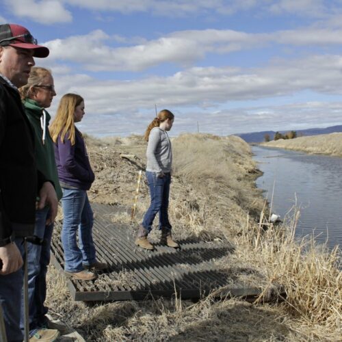 File photo, March 2, 2020: Farmer Ben DuVal with his wife, Erika, and their daughters, Hannah, third from left, and Helena, fourth from left, stand near a canal for collecting run-off water near their property in Tulelake, Calif. Federal officials announced in April 2021 that farmers who rely on a massive irrigation project spanning the Oregon-California border will get 8% of the deliveries they need amid a severe drought. CREDIT: Gillian Flaccus/AP