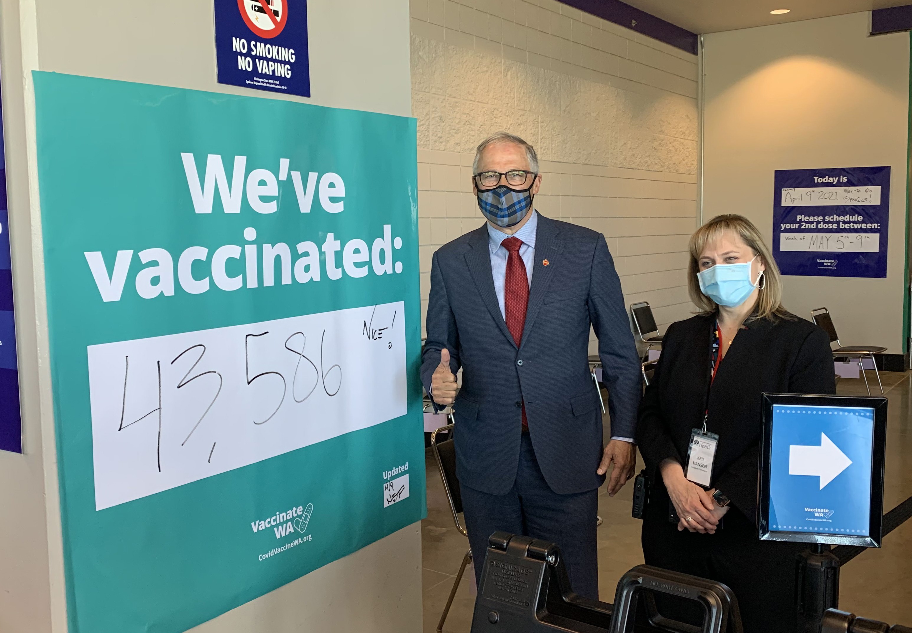 Washington Gov. Jay Inslee toured a mass COVID-19 vaccination site at the Spokane Arena on April 4, 2021, the same day he announced changes to the evaluation metric for how the state may move counties back in reopening phases. Spokane is a county on the bubble of possibly moving back. Courtesy of the Governor's Office via Twitter
