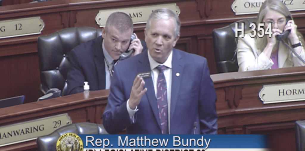 Rep. Matthew Bundy, a school teacher and Mountain Home Republican, debates for the teacher salary bill Tuesday, April 13, 2021. CREDIT: Idaho Education News/screenshot