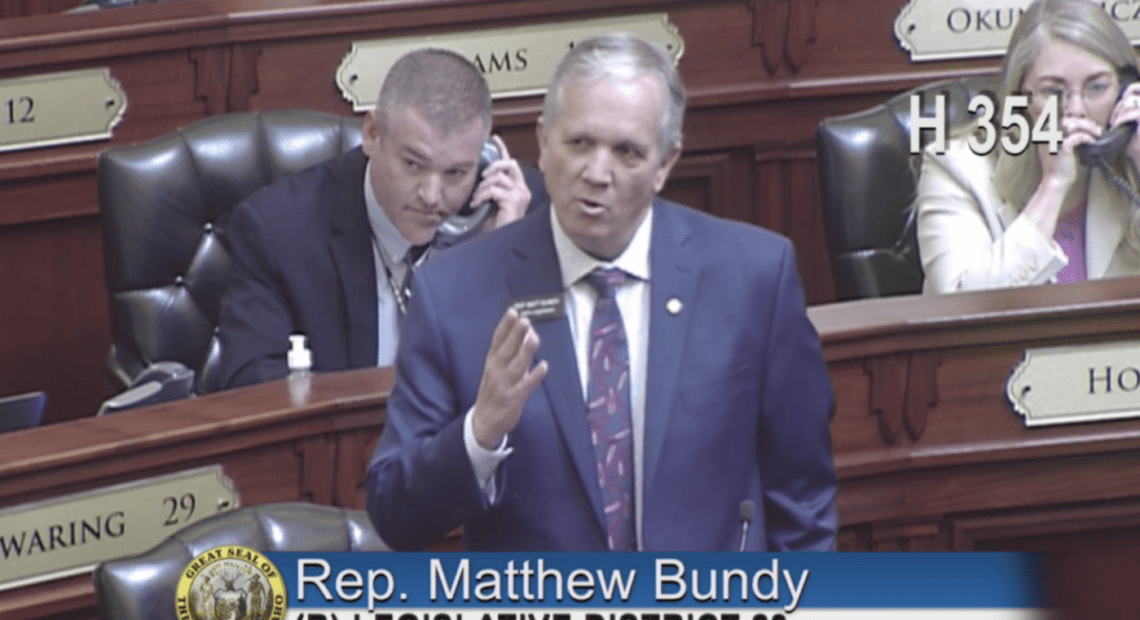 Rep. Matthew Bundy, a school teacher and Mountain Home Republican, debates for the teacher salary bill Tuesday, April 13, 2021. CREDIT: Idaho Education News/screenshot