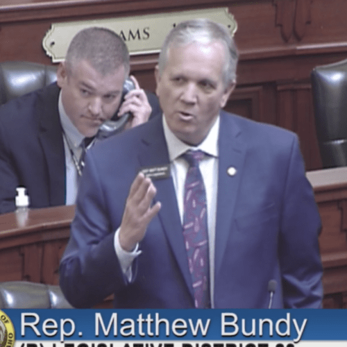 Rep. Matthew Bundy, a school teacher and Mountain Home Republican, debates for the teacher salary bill Tuesday, April 13, 2021. CREDIT: Idaho Education News/screenshot