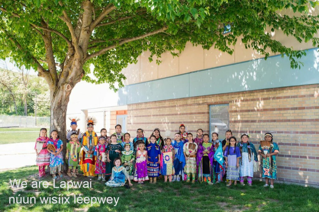 Lapwai School district students dressed in traditional clothing of the Nez Perce Tribe