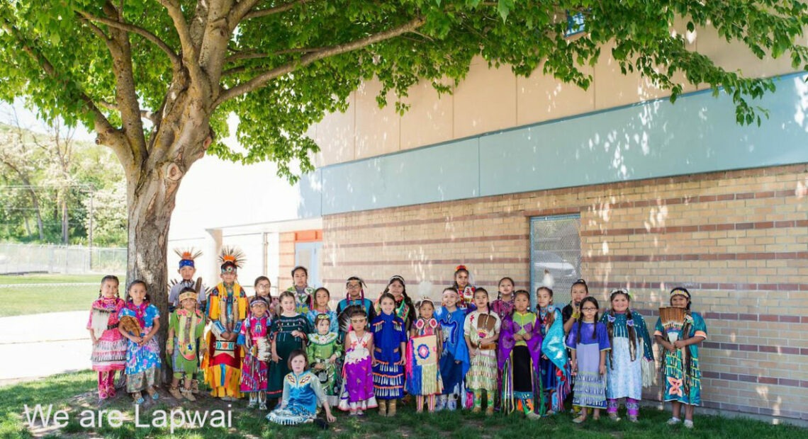 Lapwai School district students dressed in traditional clothing of the Nez Perce Tribe