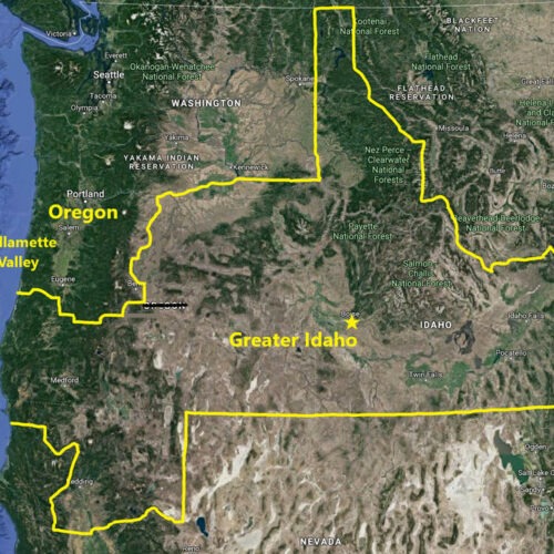 Map of proposed boundaries of Greater Idaho. The northern California portion is on the back burner for now.