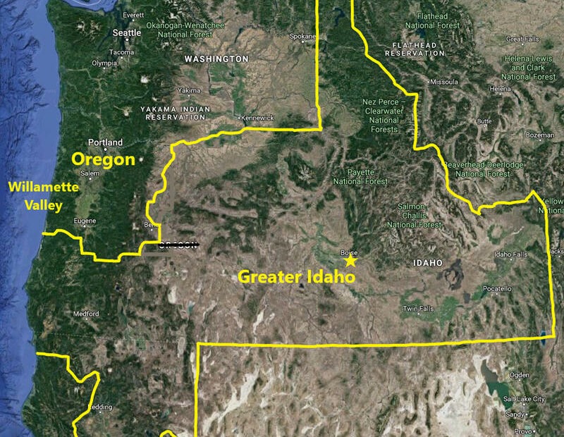 Map of proposed boundaries of Greater Idaho. The northern California portion is on the back burner for now.