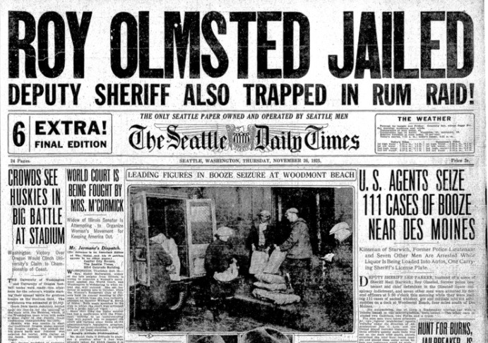 Seattle Daily Times front page saying Olmsted was Jailed.