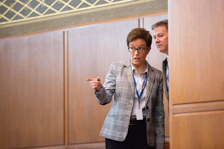 Oregon House Speaker Tina Kotek motions to someone on the House floor April 11, 2019. Kotek issued strident rebukes of Republicans' tactics during the 2021 legislative session.