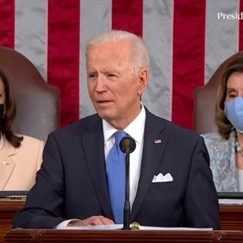 President Joe Biden addressed a joint session of Congress, his first since becomming president, on April 28, 2021, a day before his 100th day in office. It was a smaller event than the normal State of the Union address, with only several hundred in the chamber and no special guests, due to the ongoing coronavirus pandemic.